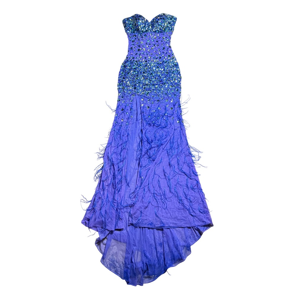 Jovani Couture Royal Blue Sequin Crystal Feather Mermaid Formal Gown
